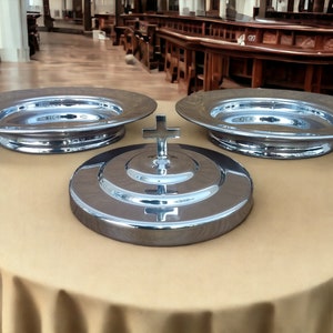 Communion Stacking Bread Wafer Plates Set of 2 with 1 Cross Top Cover Lid Stainless Steel Mirror Finish Church Supplies