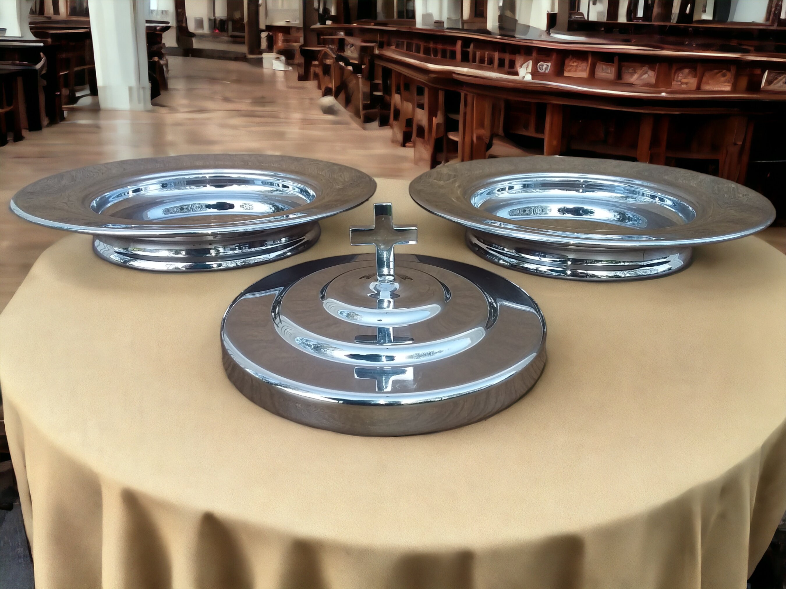 Stainless Steel Communion Bread Plate Set: Church Cross Lid