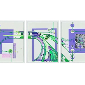 May include: A set of three abstract paintings with a purple, green, and white color scheme. The paintings feature geometric shapes, lines, and swirls. One painting includes a black and white image of a woman's face.