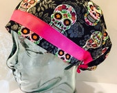 Scrub Hat European with Fuchsia Pink Trim- Sugar Skull