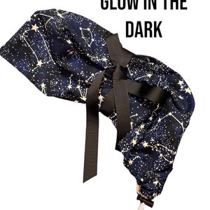Ponytail Scrub/Surgical Hat-GLOW In The Dark-Midnight Stars-Choose Your Ties image 1