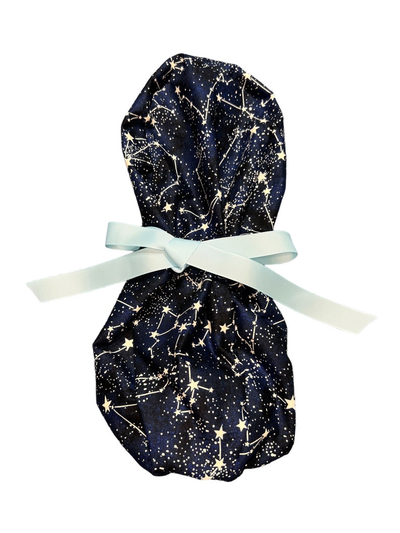 Ponytail Scrub/Surgical Hat-GLOW In The Dark-Midnight Stars-Choose Your Ties image 3