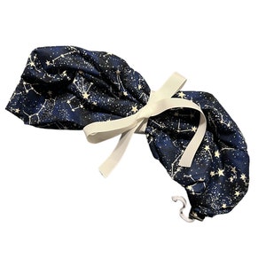 Ponytail Scrub/Surgical Hat-GLOW In The Dark-Midnight Stars-Choose Your Ties image 5