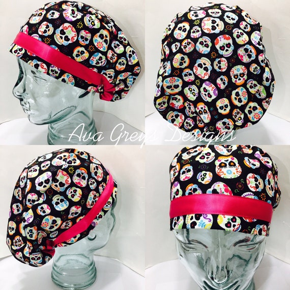 Items similar to Scrub Hat European with Teal Satin Trim Sugar Skull
