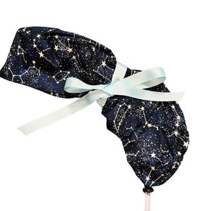 Ponytail Scrub/Surgical Hat-GLOW In The Dark-Midnight Stars-Choose Your Ties image 2