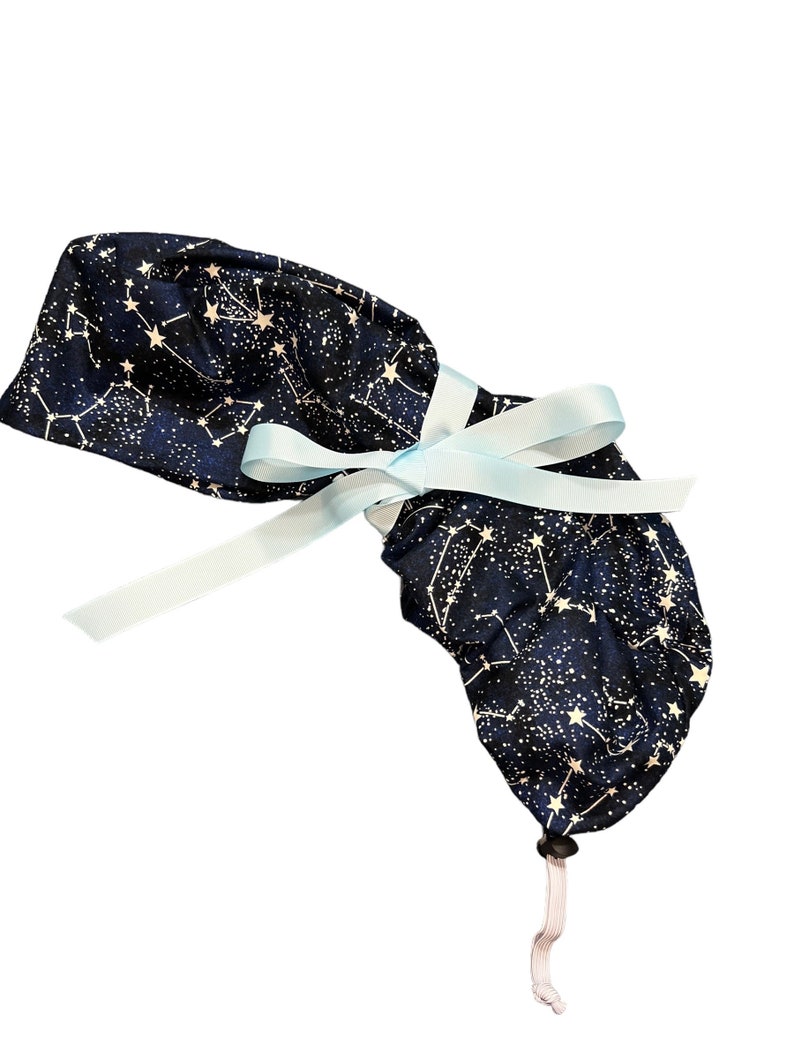 Ponytail Scrub/Surgical Hat-GLOW In The Dark-Midnight Stars-Choose Your Ties image 2