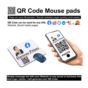 May include: A white mouse mat with a black and white QR code, a cartoon illustration of a person, and the text "Darrens Prints". The mouse mat is next to a blue computer mouse.