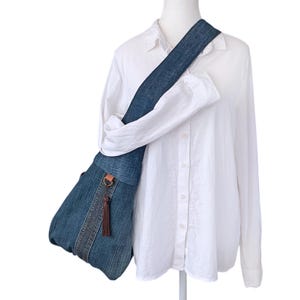 Upcycled Denim Hobo Crossbody Bag: Sustainable Festival Tote with Large Pockets