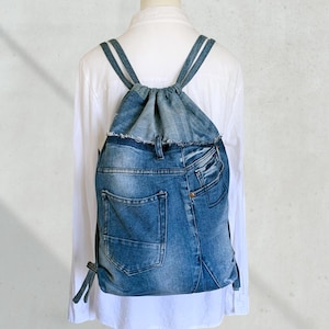 Upcycled Denim Drawstring Backpack: Handmade Unisex Travel Bag