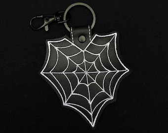 Spider Web Heart Embroidered Faux Leather Keychain