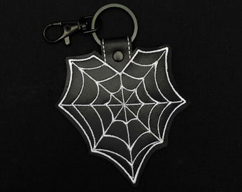 Spider Web Heart Embroidered Faux Leather Keychain