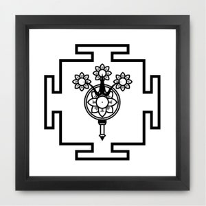 May include: Black and white illustration of a stylized mandala with four petals and a central circle. The mandala is surrounded by a square frame with four smaller squares at each corner.