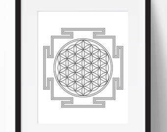 Blume des Lebens, Yantra Druck, schwarz weiß Druck, geometrischer Druck, Yoga Kunst, Mandala Druck, Kindergarten Kunst, sofort download, 18x24 Druck