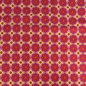 May include: A repeating pattern of stylized floral designs in shades of red, pink, and yellow. The pattern features a symmetrical arrangement of flower-like shapes within circular and octagonal frames, creating a visually rich and detailed textile design.