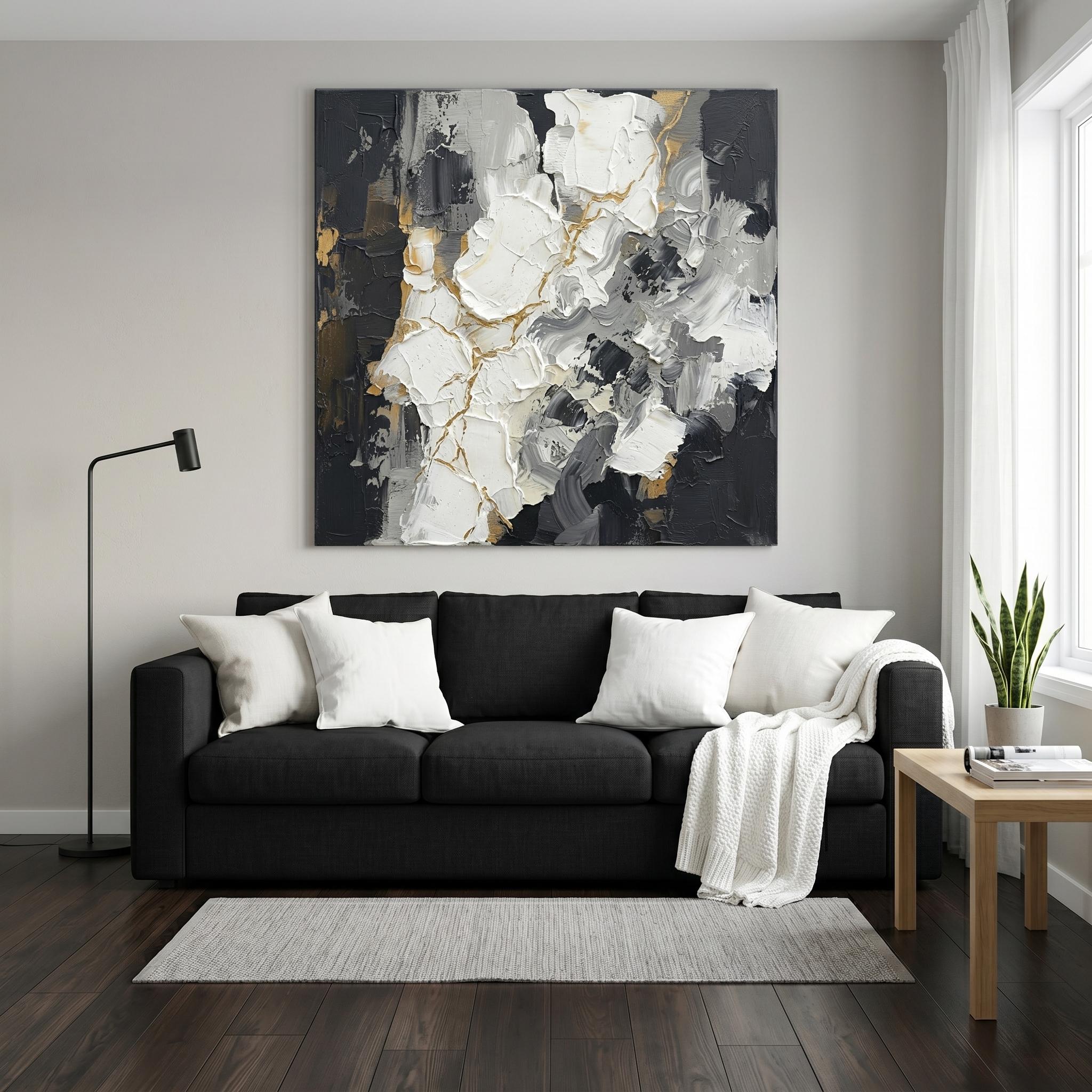 Black White Gold Abstract Canvas Print, Modern Neutral Wall Art ...