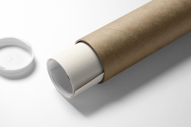 May include: A rolled canvas print emerges from a brown cardboard tube, with a white plastic lid to the left. The canvas has a textured surface. The scene is set against a bright white background, creating a clean, minimalist aesthetic.