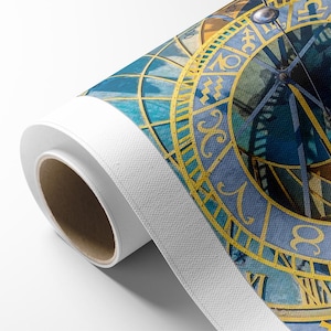 May include: Rolled canvas print featuring a detailed depiction of an astronomical clock. The artwork showcases a blue and gold color scheme, with intricate zodiac symbols and Roman numerals. The canvas is rolled, revealing its white edge.
