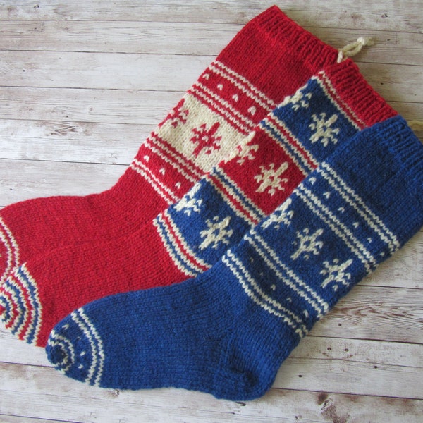 Wool Stockings with embroidered snowflakes, Red Blue Knitted wool stockings, Personalized stockings, Christmas Gift, Monogram Stockings