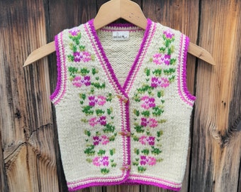 Gilet tricoté en laine pour filles, gilet brodé à la main, cardigan sans manches à fleurs roses, gilet en laine pour tout-petits, gilet brodé unique