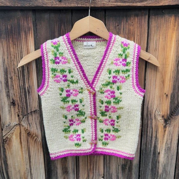 Gilet tricoté en laine pour filles, gilet brodé à la main, cardigan sans manches à fleurs roses, gilet en laine pour tout-petits, gilet brodé unique