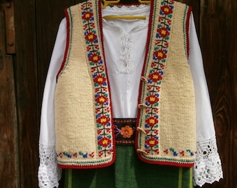 Embroidered Wool Vest: Hand Knit Folk Waistcoat