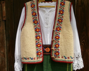 Embroidered Wool Vest, Wool Women's Vest, Folk Clothing, Sleeveless Cardigan, Hand Knit Wool Waistcoat, Old Fashion Vest,  Women Wool Vest