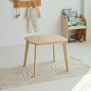 Kids wooden toddler table for playroom or daycare, modern kids activity desk in natural wood, small children’s table for learning and play