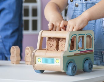 School bus toy, wooden push toy, pull toy for kids, natural wood toy, toy wooden bus with passengers, wooden toy car, easter gift child