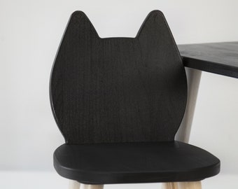 Cat black kids chair, childrens chair kitty shape, montessori furniture, education furniture, wooden chair, chair for kids, desk chair