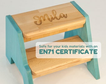 Custom Name Toddler Step Stool, Montessori Learning Stool, Wooden Helper Furniture, Bathroom Step Stool, Personalized Baby Step Stool