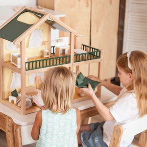 Wooden dollhouse with furniture, modern miniature house for kids, natural wood toy house with rooms and decor, Montessori gift idea