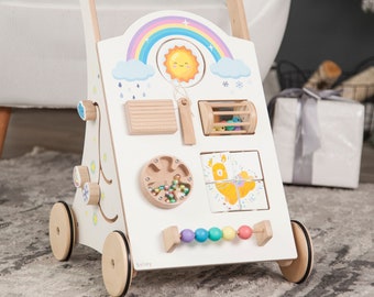 Baby activity push busy board walker, made from natural wood toy for baby learning