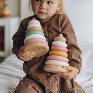 Montessori stacking rings toy for toddlers, pastel and rainbow wooden toy for fine motor skills handmade eco-friendly baby gift for learning
