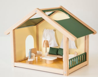 Wooden green small portable dollhouse with furniture set, birthday gift, boys doll house kit, Easter gift toddlers, small portable dollhouse