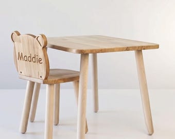 Toddler Table and Chair Set, Beech Wood, Bear Ear Chair, Engraved Name