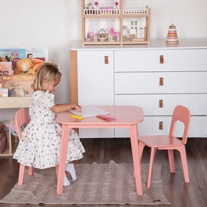 Colorful wooden kids table and chairs set for toddlers, modern children’s furniture for playroom or classroom, activity desk and seats