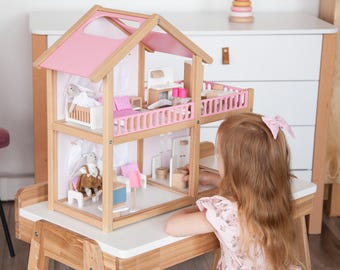 Pink Wooden Dollhouse with Furniture, Large Doll House for Kids, Montessori Dollhouse, Open Back Dollhouse, Nursery Decor Toy for Girl