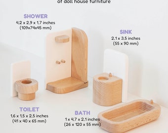 Dollhouse bathroom, doll house shower, dollhouse toilet, bath for dolls, natural wood bathroom for miniature house, gifts for sister