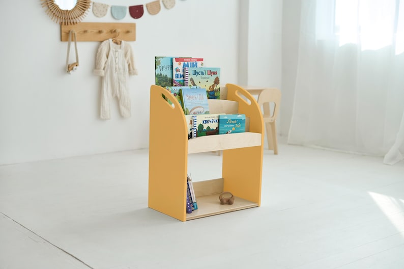 Nursery Book Shelves, Toddler Montessori Bookshelf, Waldorf Book Organizer for Kids, Children Toy Shelf, Playroom Storage, Gift For Niece Yellow