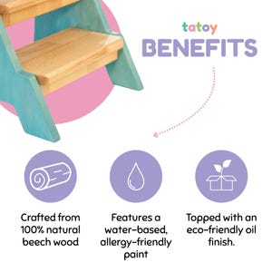 The image is an advertisement for a wooden step stool, highlighting its benefits such as being made from 100% natural beech wood, featuring a water-based, allergy-friendly paint, and being topped with an eco-friendly oil finish.
