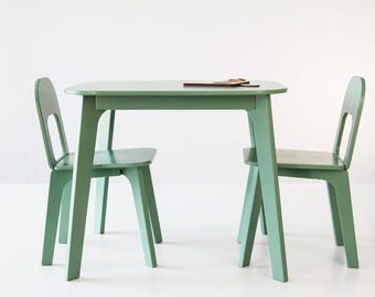 Sage green toddler table and chairs set, preschool education table set, montessori activity furniture, modern kids room interior ideas
