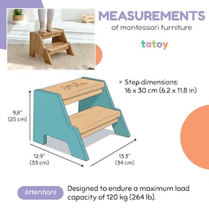 The image is a collage of two images: a photograph of a wooden step stool and a drawing of the step stool. The step stool has a step dimension of 16 x 30 cm (6.2 x 11.8 in) and a maximum load capacity of 120 kg (264 lb). The image is designed to withstand a maximum load capacity of 120 kg (264 lb).