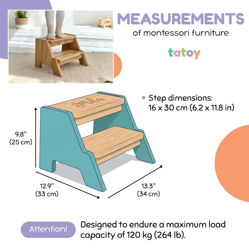 The image is a collage of two images: a photograph of a wooden step stool and a drawing of the step stool. The step stool has a step dimension of 16 x 30 cm (6.2 x 11.8 in) and a maximum load capacity of 120 kg (264 lb). The image is designed to withstand a maximum load capacity of 120 kg (264 lb).