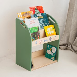 Personalized kids&#39; bookshelf for reading corner or playroom, wooden book storage for toddlers or children, nursery furniture with name