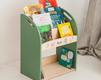 Personalized kids' bookshelf for reading corner or playroom, wooden book storage for toddlers or children, nursery furniture with name
