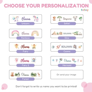 May include: Personalised labels with themes such as unicorns, safari animals, rainbows, dinosaurs, fairies, mermaids, and forest scenes. Each label includes a name and theme, with an option to send a custom image for personalisation.