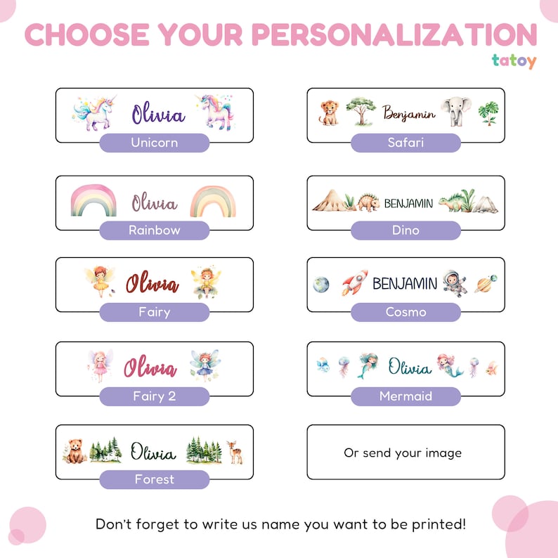 May include: Personalised labels with themes such as unicorns, safari animals, rainbows, dinosaurs, fairies, mermaids, and forest scenes. Each label includes a name and theme, with an option to send a custom image for personalisation.