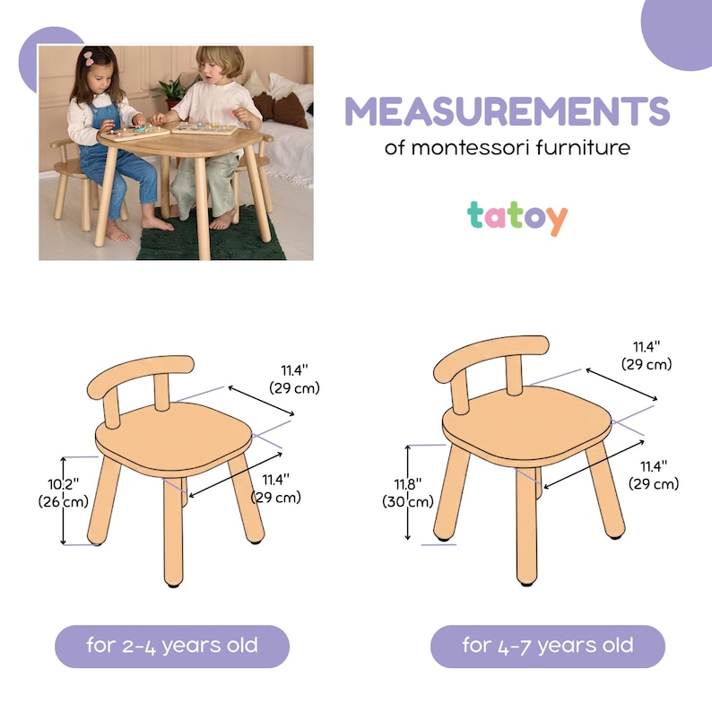 May include: Image of children's furniture, including a round table and chairs. The chairs are light brown, with measurements of 10.2 inches (26 cm) high, 11.4 inches (29 cm) wide, and 11.4 inches (29 cm) deep. The text reads "MEASUREMENTS of montessori furniture".