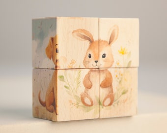 Wooden Baby Cube With Animals, Kitten Baby Birth Cubes, Bunny Natural Wood Blocks, Puppy Wooden Cube Puzzle, Duckling Educational Puzzle