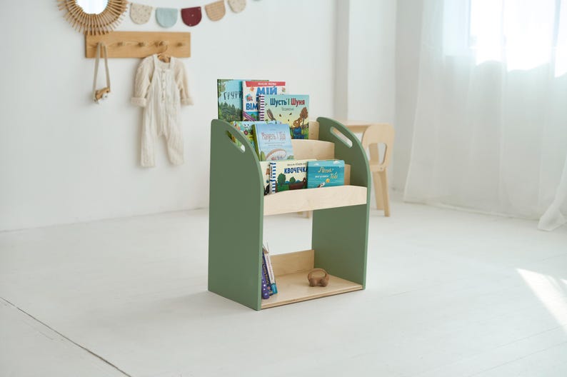 Nursery Book Shelves, Toddler Montessori Bookshelf, Waldorf Book Organizer for Kids, Children Toy Shelf, Playroom Storage, Gift For Niece Green